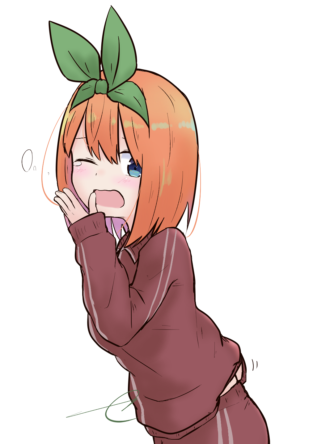 1girl blue_eyes blush breasts brown_jacket brown_pants collared_jacket eyebrows_hidden_by_hair female_focus go-toubun_no_hanayome green_ribbon hair_between_eyes hair_ribbon hand_in_jacket highres jacket kujou_karasuma long_sleeves looking_at_viewer medium_breasts nakano_yotsuba one_eye_closed open_mouth orange_hair pants ribbon signature simple_background sleeves_past_wrists solo tears track_jacket track_pants track_suit white_background yawning