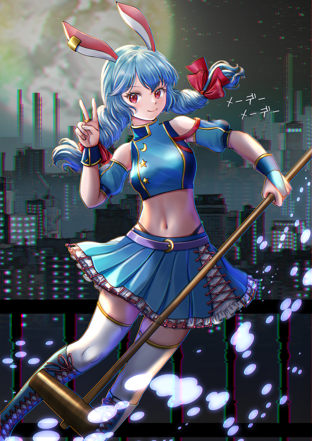 1girl alternate_costume animal_ears belt blue_hair blue_shirt blue_skirt boots breasts bridal_gauntlets building closed_mouth commentary_request crescent cropped_shirt cross-laced_clothes cross-laced_skirt earclip full_moon highres holding holding_mallet kine knee_boots kyabekko lace-up_boots long_hair looking_at_viewer mallet midriff moon navel outdoors pleated_skirt rabbit_ears rabbit_girl red_eyes seiran_(touhou) shirt skirt smile solo star_(symbol) thighhighs touhou twintails v white_thighhighs