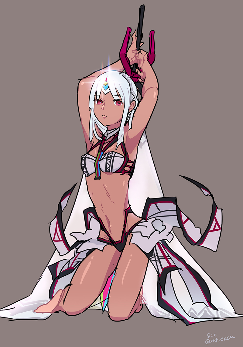 1girl altera_(fate) applechoc armpits breasts dark-skinned_female dark_skin expressionless fate/grand_order fate_(series) grey_background holding holding_sword holding_weapon navel red_eyes simple_background small_breasts solo stomach sword twitter_username veil weapon white_hair