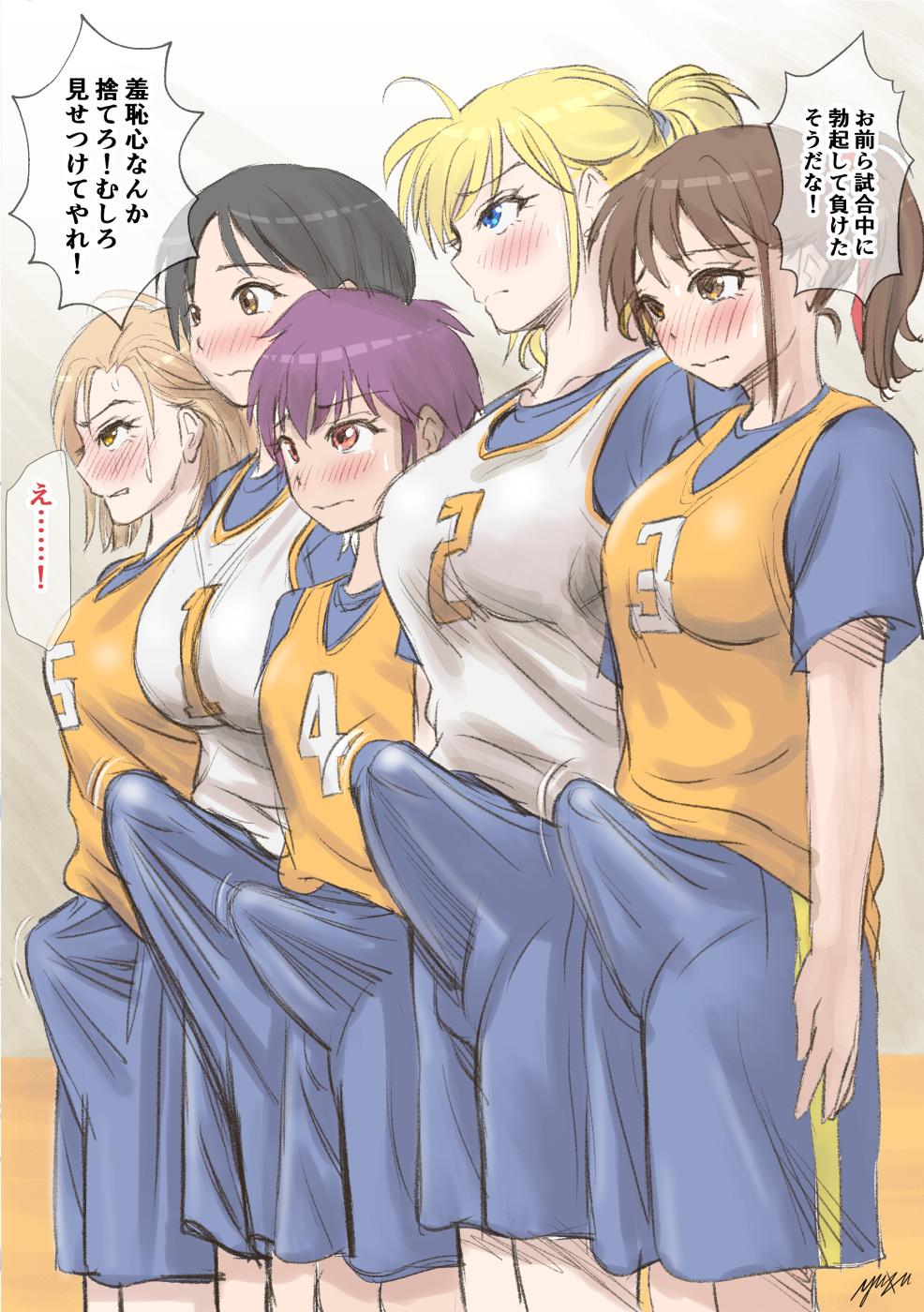 5futa basketball_uniform blue_eyes blush breasts brown_eyes brown_hair bulge erection erection_under_clothes futanari highres large_breasts large_penis long_hair medium_breasts multiple_futa old old_man penis pubic_hair purple_eyes red_eyes red_hair shirt shoes short_hair sportswear testicles translation_request yuzuyuzuru