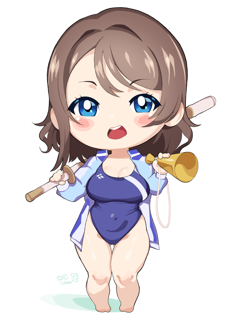 1girl barefoot blue_eyes blue_jacket blue_one-piece_swimsuit bokken breasts brown_hair commentary commission competition_swimsuit covered_navel full_body highleg highleg_one-piece_swimsuit highres holding iroquoisdomi jacket looking_at_viewer love_live! love_live!_sunshine!! medium_breasts megaphone one-piece_swimsuit open_clothes open_jacket open_mouth round_teeth short_hair simple_background solo swimsuit sword teeth thigh_gap thighs upper_teeth_only watanabe_you weapon white_background wooden_sword
