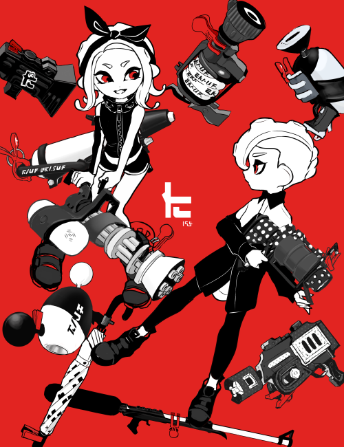 .52_gal_(splatoon) 1boy 1girl bow_hairband collared_shirt commentary cropped_jacket detached_sleeves full_body hair_between_eyes hair_ribbon hairband holding holding_weapon imaikuy0 l-3_nozzlenose_(splatoon) leggings limited_palette looking_at_another luna_blaster_(splatoon) medium_hair mini_splatling_(splatoon) nintendo octoling octoling_boy octoling_girl octoling_player_character open_mouth parted_bangs rapid_blaster_(splatoon) ribbon shirt shoes short_hair single_detached_sleeve sleeveless sleeveless_jacket smile sneakers splat_charger_(splatoon) splatoon_(series) splatoon_2 splattershot_(splatoon) splattershot_jr._(splatoon) splattershot_pro_(splatoon) symbol-only_commentary tentacle_hair toni_kensa_(splatoon) undercover_brella_(splatoon) weapon zipper zipper_pull_tab
