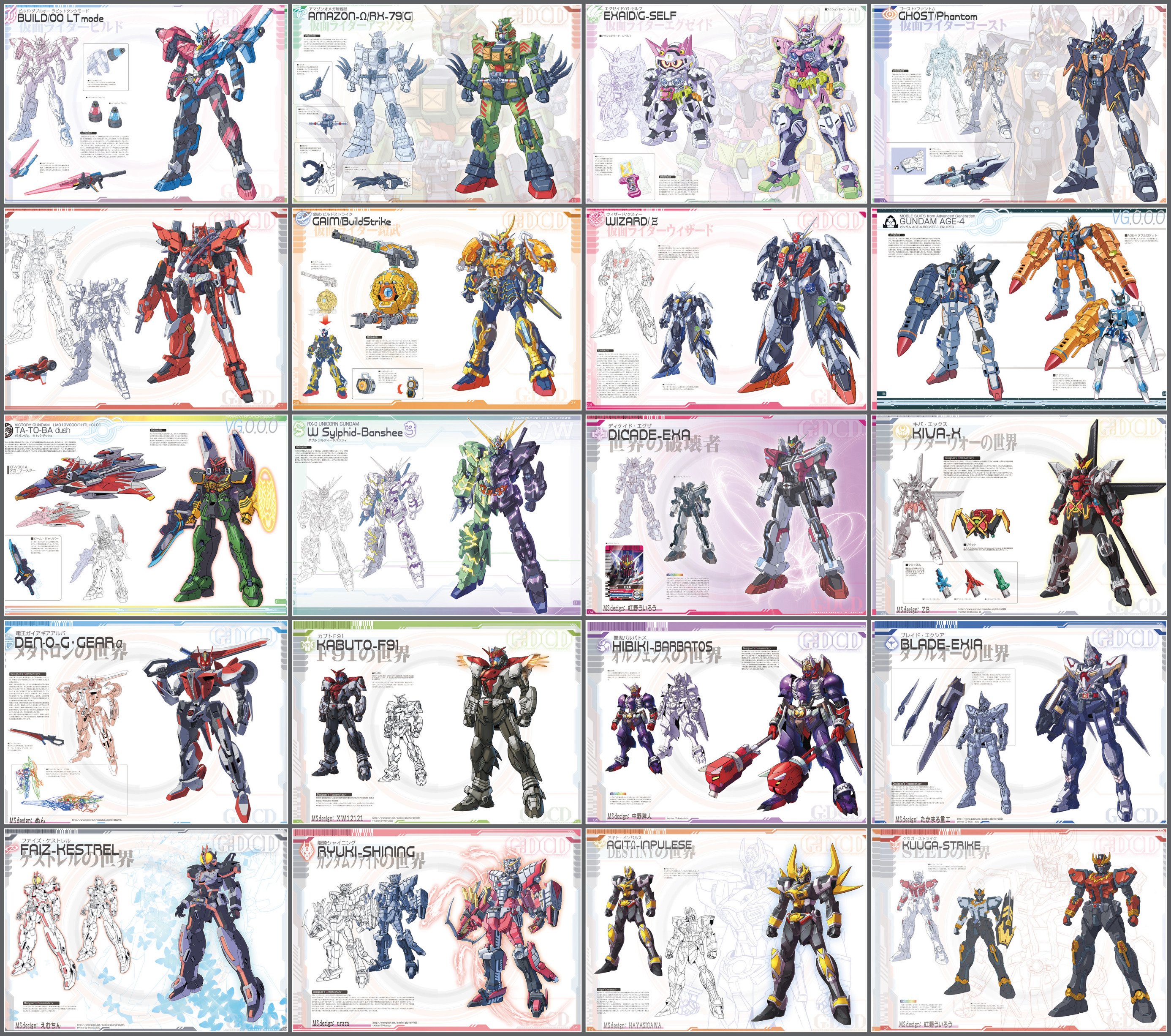 absurdres armor character_name crossover gundam highres kamen_rider kamen_rider_amazons kamen_rider_wizard_(series) male_focus mecha mechanization multiple_boys multiple_views neon_trim no_humans robot standing transformation v-fin weapon yanagi_joe