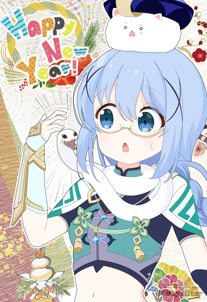 angora_rabbit animal animal_on_head blue_eyes blue_hair blue_hat blush braid brown-framed_eyewear cherry_blossoms chinese_zodiac commentary_request cosplay cosplay_request crop_top english_text glasses gochuumon_wa_usagi_desu_ka? hair_ornament hand_up happy_new_year hat kafuu_chino long_hair mitya navel new_year on_head open_mouth qingdai_guanmao rabbit semi-rimless_eyewear short_sleeves small_sweatdrop snake snake_wrapped_around_neck sweat tippy_(gochiusa) twitter_username under-rim_eyewear upper_body watermark white_snake x_hair_ornament year_of_the_snake
