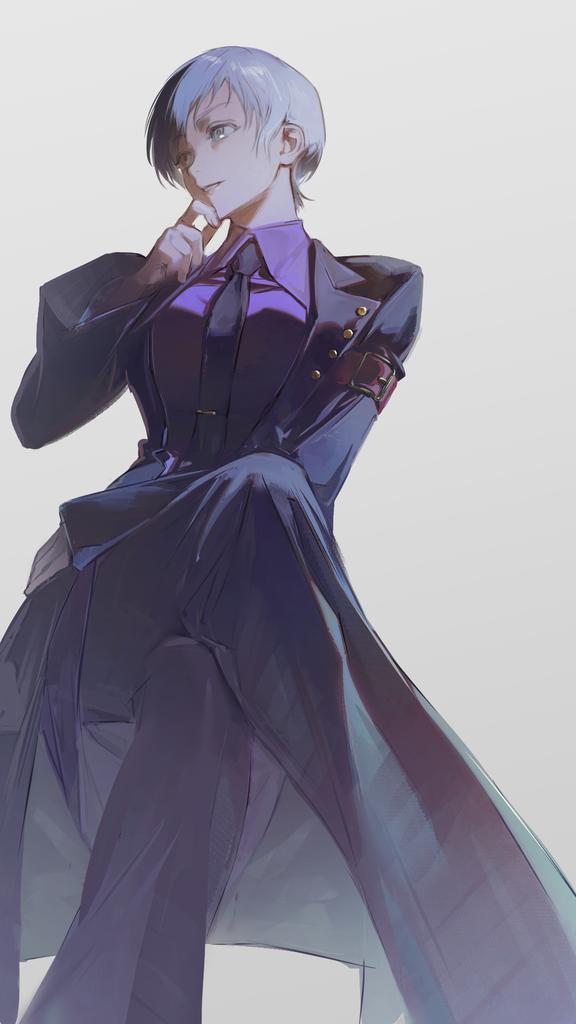 crossed_legs formal_clothes grey_hair hand_on_own_chin kkia necktie purple_shirt shirt short_hair sitting suit umineko_no_naku_koro_ni ushiromiya_kyrie