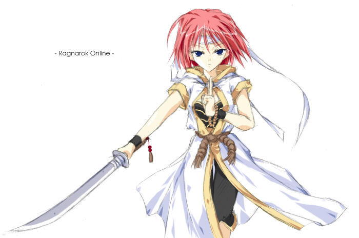 1girl 2000s_(style) bad_id black_shirt black_shorts blue_eyes closed_mouth coat copyright_name cowboy_shot expressionless headband holding holding_sword holding_weapon index_finger_raised katana looking_at_viewer monk_(ragnarok_online) open_clothes open_coat pink_hair ragnarok_online rope_belt shirt short_hair short_sleeves shorts simple_background solo sword tokita weapon white_background white_coat white_headband
