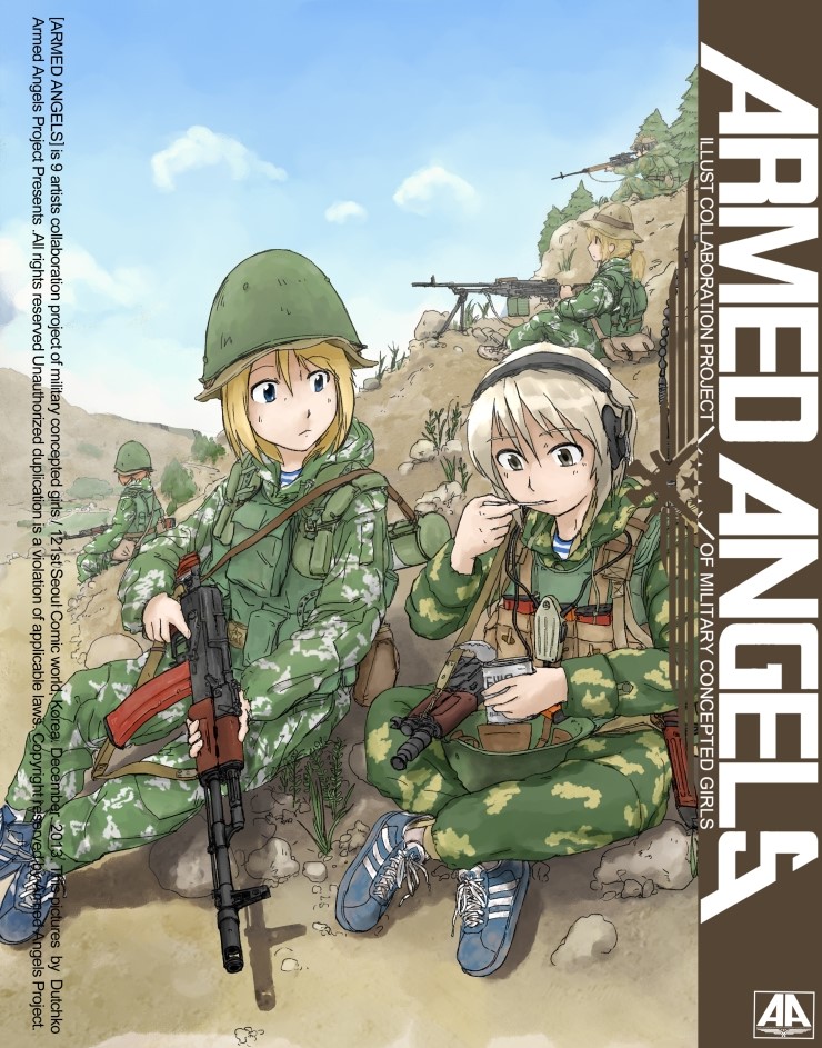 5girls afghanistan ak-74 aks-74 aks-74u ammunition_pouch anya_(dutchko) armed_angels artist_name assault_rifle backpack bad_id bad_pixiv_id bag blonde_hair blue_eyes brown_hair bullpup camouflage can cloud combat_helmet copyright_notice day desert dragunov_svd dutchko eating english_text field_ration food grey_eyes gun gun_sling hat headset helmet hill hood jacket kalashnikov_rifle light_machine_gun load_bearing_vest long_hair looking_at_another machine_gun magazine_(weapon) military military_combat_uniform military_jacket military_uniform multiple_girls original ponytail pouch rifle rpk-74 russia shirt shoes short_hair sitting sky sneakers sniper_rifle soldier soviet striped_clothes striped_footwear striped_shirt suppressor telnyashka tree trigger_discipline unworn_headwear unworn_helmet vdv weapon white_hair
