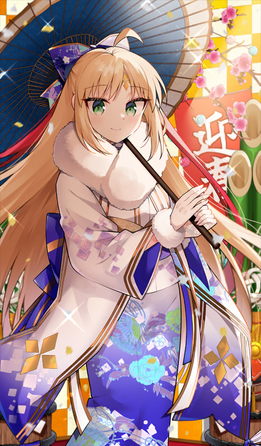 1girl ahoge artoria_caster_(fate) artoria_caster_(third_ascension)_(fate) artoria_pendragon_(fate) back_bow blonde_hair blue_bow bow closed_mouth commentary_request facial_mark fate/grand_order fate_(series) feet_out_of_frame forehead_mark fur_collar fur_wrist_cuffs green_eyes hair_bow hamazi_aki holding holding_umbrella japanese_clothes kadomatsu kimono long_hair long_sleeves looking_at_viewer new_year official_alternate_costume official_art oil-paper_umbrella print_kimono sidelocks smile solo sparkle standing third-party_source umbrella umbrella_over_shoulder very_long_hair white_kimono wide_sleeves wrist_cuffs