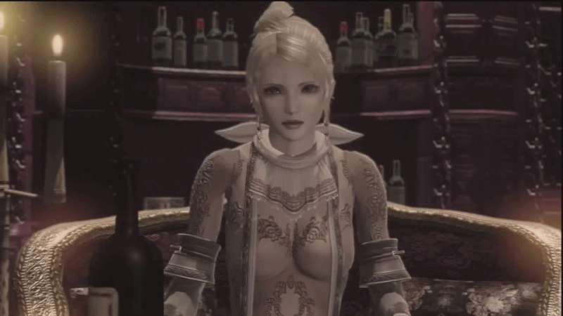 1girl 3d alcohol animated animated_gif barbarella_(end_of_eternity) blonde_hair bottle breasts candle earrings end_of_eternity fork glass jewelry knife leaning_forward lips short_hair sitting subtitled wine
