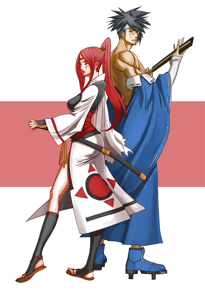 1boy 1girl arc_system_works baiken bandages bare_shoulders black_hair breasts detached_sleeves facepaint fingerless_gloves full_body glasses gloves guilty_gear hand_fan hyperman_ys japanese_clothes large_breasts law mito_anji one-eyed one_eye_closed pink_hair ponytail sandals scar scar_across_eye scar_on_face sheath sheathed shoes side_slit simple_background standing sword tattoo weapon wink
