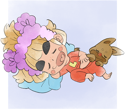 1girl brown_fur brown_hair child closed_eyes dog lowres lulu_(warioware) nintendo official_art open_mouth pillow simple_background sleeping takeuchi_kou thick_eyebrows third-party_source topknot warioware warioware:_get_it_together!