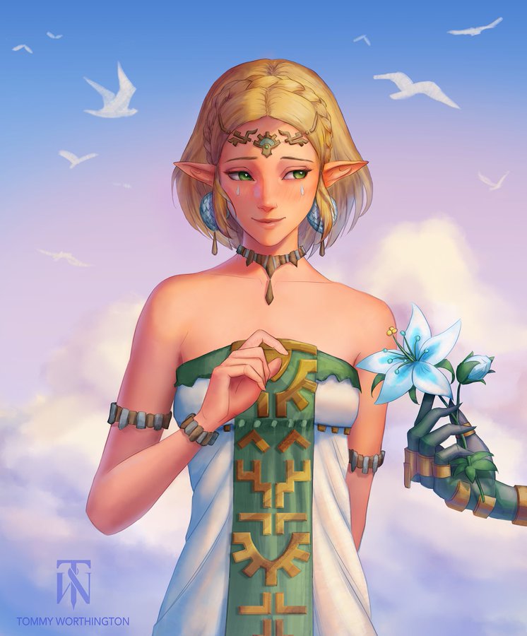 1boy 1girl armlet bare_shoulders bird blonde_hair blue_flower bracelet braid breasts circlet cloud commentary crown_braid dress earrings english_commentary flower green_eyes holding holding_flower jewelry link looking_to_the_side mechanical_arms necklace nintendo parted_bangs pointy_ears princess_zelda short_hair single_mechanical_arm sky smile strapless strapless_dress teardrop_facial_mark the_legend_of_zelda the_legend_of_zelda:_tears_of_the_kingdom tommy_worthington white_dress