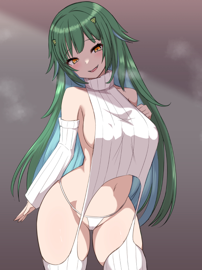 0 1girl bare_shoulders blue_hair breasts breath cameltoe colored_inner_hair contrapposto covered_erect_nipples cowboy_shot cropped_sweater detached_sleeves green_hair head_tilt headpiece kitakoji_hisui large_breasts long_hair looking_at_viewer meme_attire multicolored_hair nijisanji nisshisshi orange_eyes panties pov ribbed_panties ribbed_sleeves ribbed_sweater ribbed_thighhighs sharp_teeth sideboob sleeveless sleeveless_sweater sleeveless_turtleneck smile solo string_panties sweater teeth thighhighs turtleneck turtleneck_sweater underwear very_long_hair virgin_destroyer_sweater virtual_youtuber white_panties white_sweater white_thighhighs