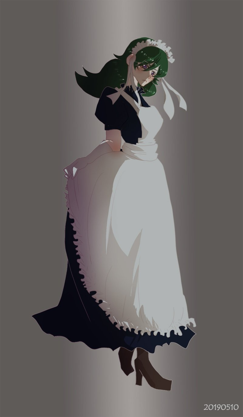 1girl apron black_dress blush boots cyborg cyborg_009 dress full_body green_hair hair_between_eyes hairband highres long_hair looking_at_viewer madame_(cyborg_009) maid purple_eyes s01huu simple_background solo white_apron