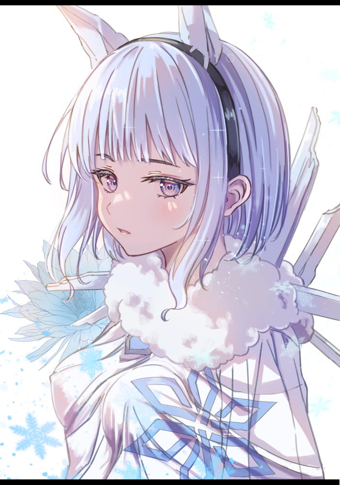 1girl black_hairband blue_eyes blue_hair breasts commentary_request covered_erect_nipples dress fire_emblem fire_emblem_heroes fur_collar fur_trim fuussu_(21-kazin) hairband ice_horns looking_at_viewer nifl_(fire_emblem) nintendo short_hair simple_background small_breasts snowflakes solo white_background white_dress