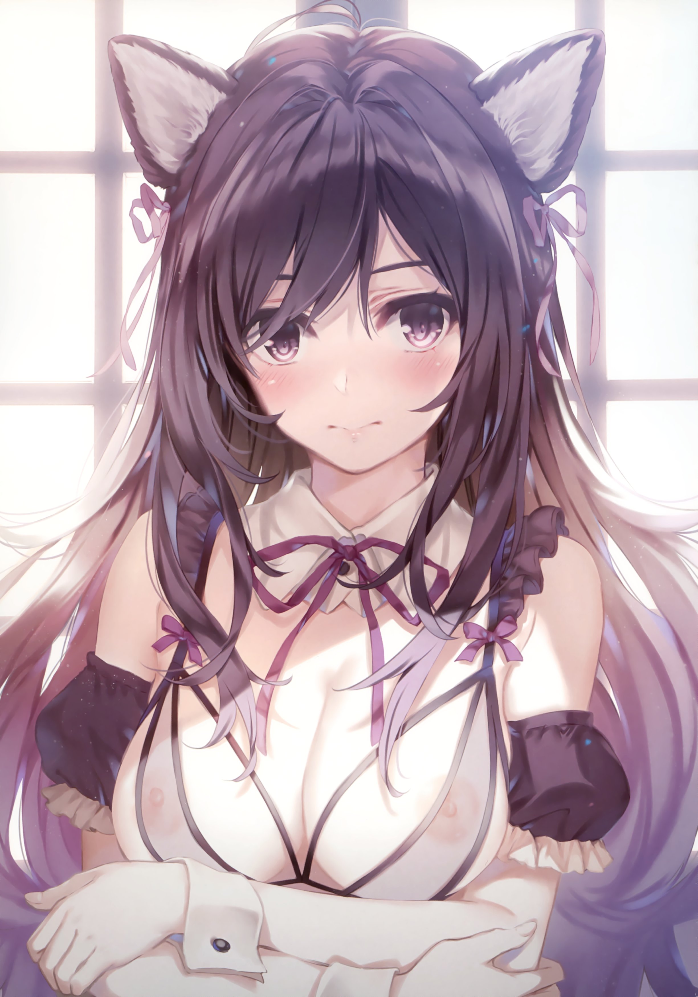 1girl absurdres animal_ear_fluff animal_ears bare_shoulders black_hair blush bow bowtie breasts brown_eyes brown_hair buttons closed_mouth comic_aun crossed_arms day detached_collar fingernails frills hair_bow highres indoors lips long_hair looking_at_viewer medium_breasts misaki_kurehito nipples puffy_short_sleeves puffy_sleeves scan see-through_clothes short_sleeves simple_background upper_body window wrist_cuffs