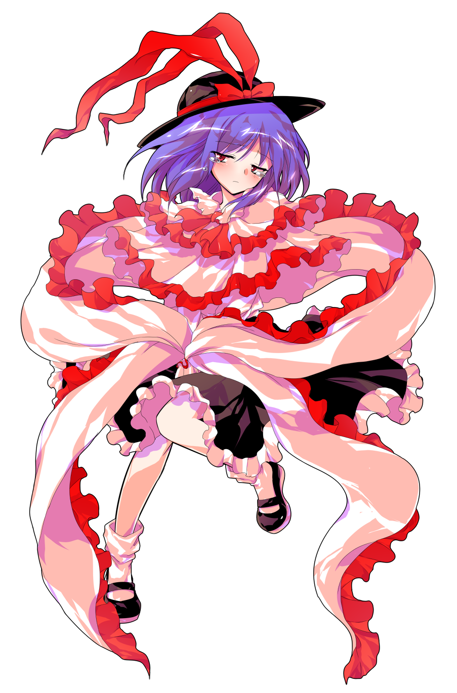 1girl alphes_(style) ascot black_hat black_shoes black_skirt blush capelet collared_shirt commentary_request dairi defeat frilled_capelet frilled_shawl frills full_body hagoromo half-closed_eyes hat hat_ribbon highres large_variant_set long_skirt long_sleeves looking_at_viewer medium_hair nagae_iku parody purple_hair red_ascot red_eyes ribbon shawl shirt shoes skirt solo style_parody tachi-e touhou transparent_background variant_set white_shirt