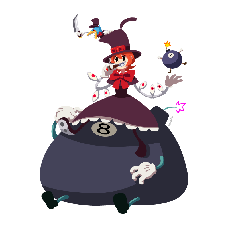 1girl avery_(skullgirls) bomb bow capelet cigar dress eggloaf explosive extra_eyes flat_color george_the_bomb gloves grin hat knife lenny_the_bomb mechanical_arms orange_hair peacock_(skullgirls) red_eyes sharp_teeth short_hair sitting sitting_on_object skullgirls smile teeth top_hat white_gloves