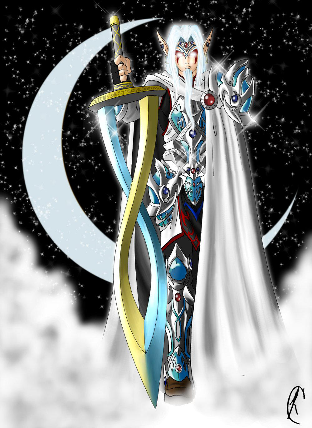 1boy alternate_costume alternate_form armor aura beard blue_gemstone boots brown_footwear cape chest_jewel cloud commentary crescent crescent_moon double_helix earrings english_commentary facial_hair facial_mark facial_tattoo fierce_deity fingerless_gloves forehead_mark gem gloves glowing glowing_eyes glowing_hair goatee highres holding holding_sword holding_weapon jewelry know-kname long_hair looking_at_viewer moon night night_sky nintendo no_pupils personification pointy_ears red_gemstone sky space standing star_(sky) starry_sky sword tattoo the_legend_of_zelda the_legend_of_zelda:_majora&#039;s_mask weapon white_beard white_eyes white_hair
