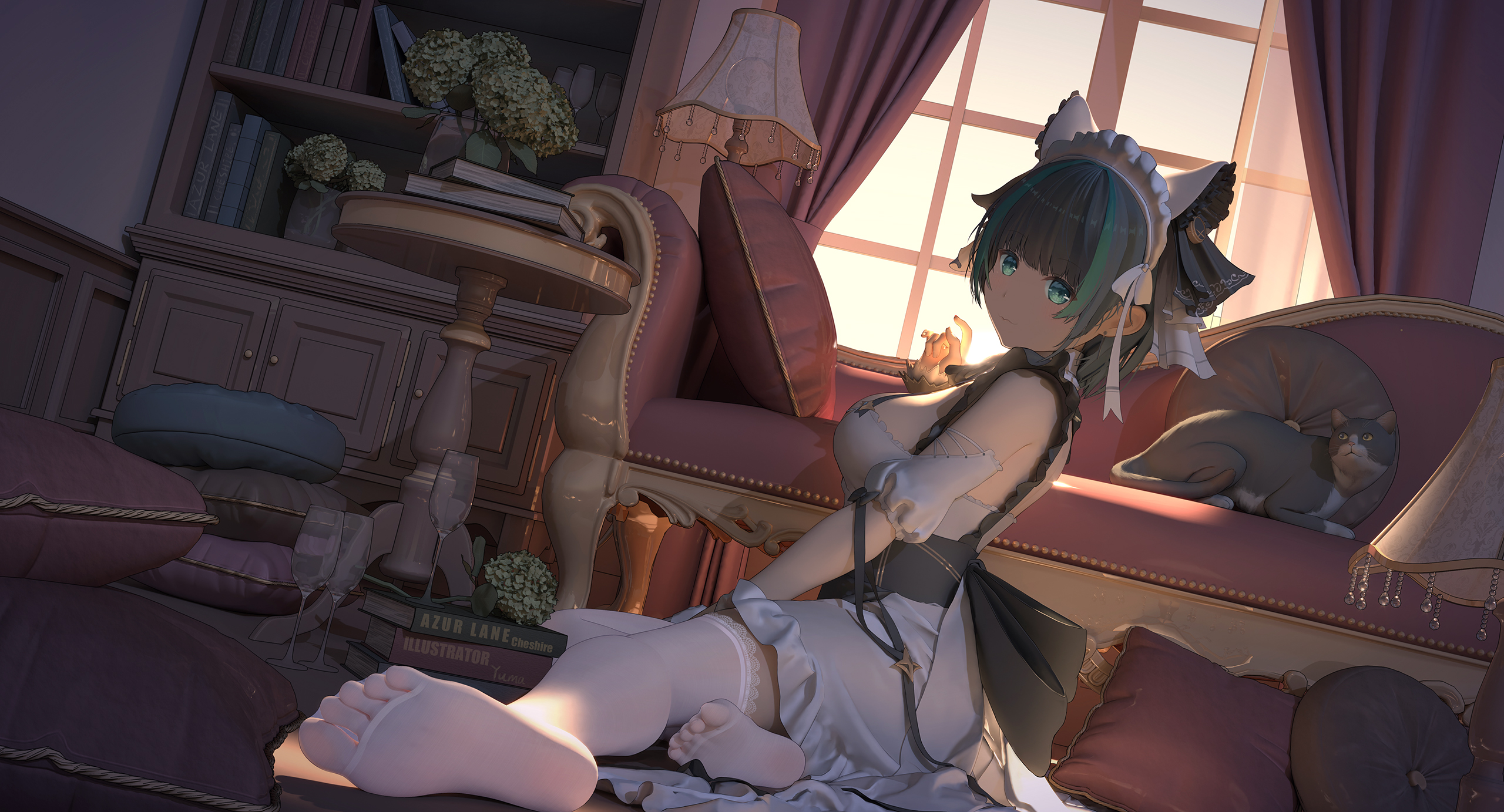 1girl :3 animal_ears apron aqua_eyes aqua_hair artist_name azur_lane back_bow bare_shoulders book bookshelf bow breasts cat cat_ears character_name cheshire_(azur_lane) couch detached_sleeves dress fake_animal_ears frilled_hairband frilled_ribbon frills from_side full_body grey_cat grey_hair hairband highres indoors lace lace-trimmed_legwear lace_trim lamp large_breasts long_ribbon looking_at_viewer maid maid_headdress medium_hair multicolored_hair pillow puffy_detached_sleeves puffy_sleeves purple_apron ribbon sitting soles solo streaked_hair thighhighs two-tone_hair white_dress white_thighhighs window wrist_cuffs yellow_eyes yuma_(lyq_yume)
