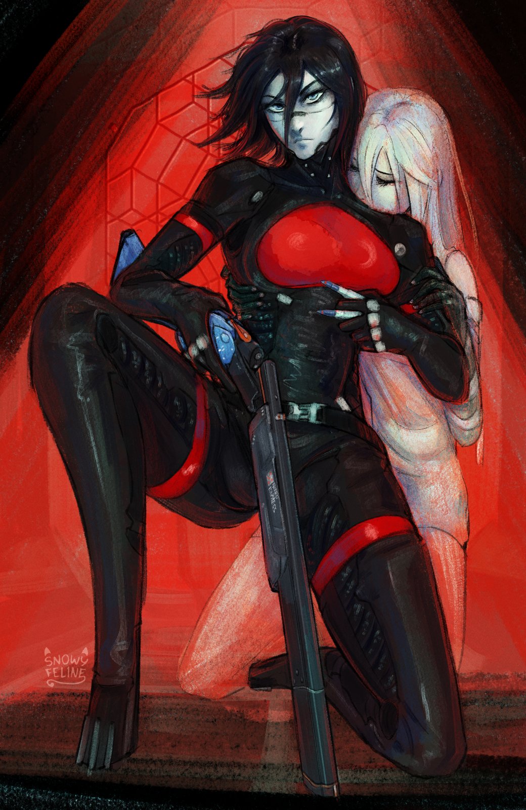 2girls android ariane_yeong bandaged_arm bandages belt black_hair blue_eyes bullet camisole digitigrade double-barreled_rifle elster_(signalis) highres long_hair multiple_girls no_feet reloading short_hair signalis signature snowyfeline white_camisole white_hair yuri