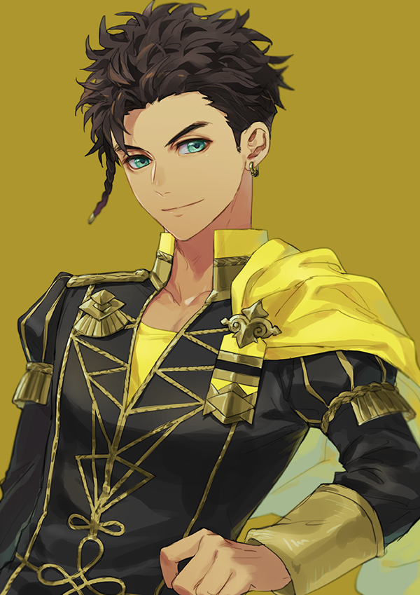 1boy braid brown_hair claude_von_riegan closed_mouth collarbone collared_jacket commentary_request crew_neck dark-skinned_male dark_skin dutch_angle earrings fire_emblem fire_emblem:_three_houses garreg_mach_monastery_uniform green_eyes isa_(peien516) jacket jewelry long_sleeves looking_to_the_side male_focus nintendo open_collar piercing popped_collar school_uniform shirt short_hair side_braid sideburns sideways_glance simple_background single_braid sleeve_cuffs smile solo upper_body wavy_hair yellow_background yellow_shirt