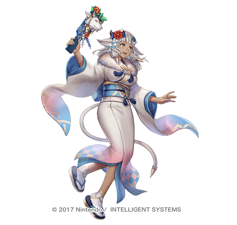 1girl anbe_yoshirou animal_ears ash_(fire_emblem) ash_(new_year)_(fire_emblem) breasts copyright_notice cow_ears cow_horns cow_tail dark-skinned_female dark_skin fire_emblem fire_emblem_heroes flower full_body fur_trim gradient_background gradient_clothes hagoita hair_ornament holding horns japanese_clothes kimono long_hair medium_breasts nintendo obi official_art open_mouth paddle sandals sash sidelocks smile solo tabi tail white_background white_hair wide_sleeves yellow_eyes zouri