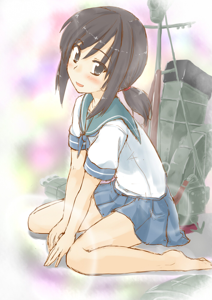 1girl :d barefoot black_eyes black_hair blue_neckerchief blue_skirt blush collarbone commentary_request from_side fubuki_(kancolle) full_body green_sailor_collar hair_between_eyes hair_tie kantai_collection long_hair looking_at_viewer low_ponytail mast neckerchief open_mouth ounen pleated_skirt ponytail rigging sailor_collar shirt short_sleeves sidelocks sitting sketch skirt smile smokestack solo torpedo_launcher white_shirt