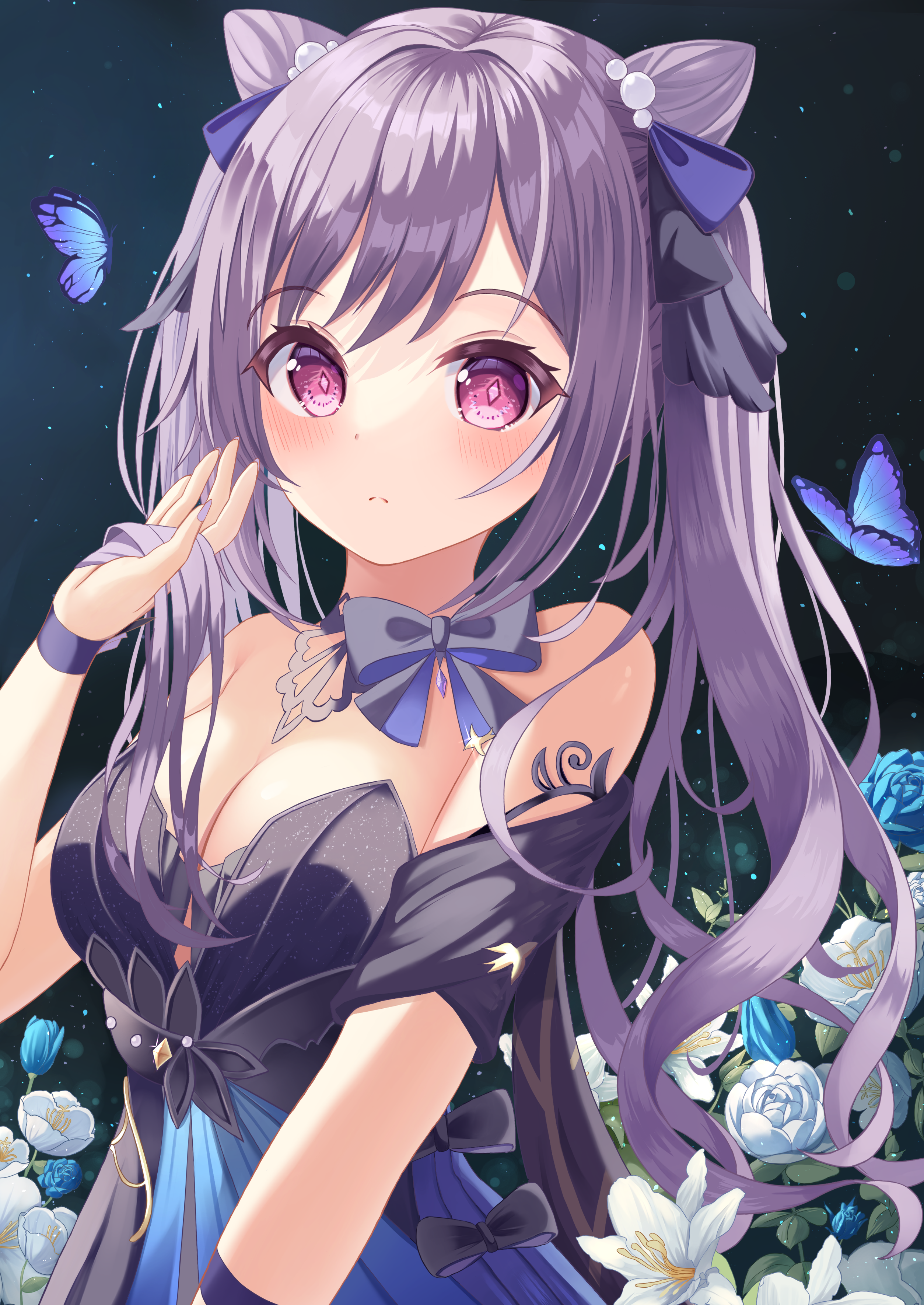 absurdres bow bow_choker choker cone_hair_bun diamond-shaped_pupils diamond_(shape) double_bun dress genshin_impact hair_bun hair_ears highres keqing_(genshin_impact) keqing_(opulent_splendor)_(genshin_impact) multicolored_dress pearl_hair_ornament purple_eyes purple_hair sho_(66280973) strapless strapless_dress symbol-shaped_pupils twintails