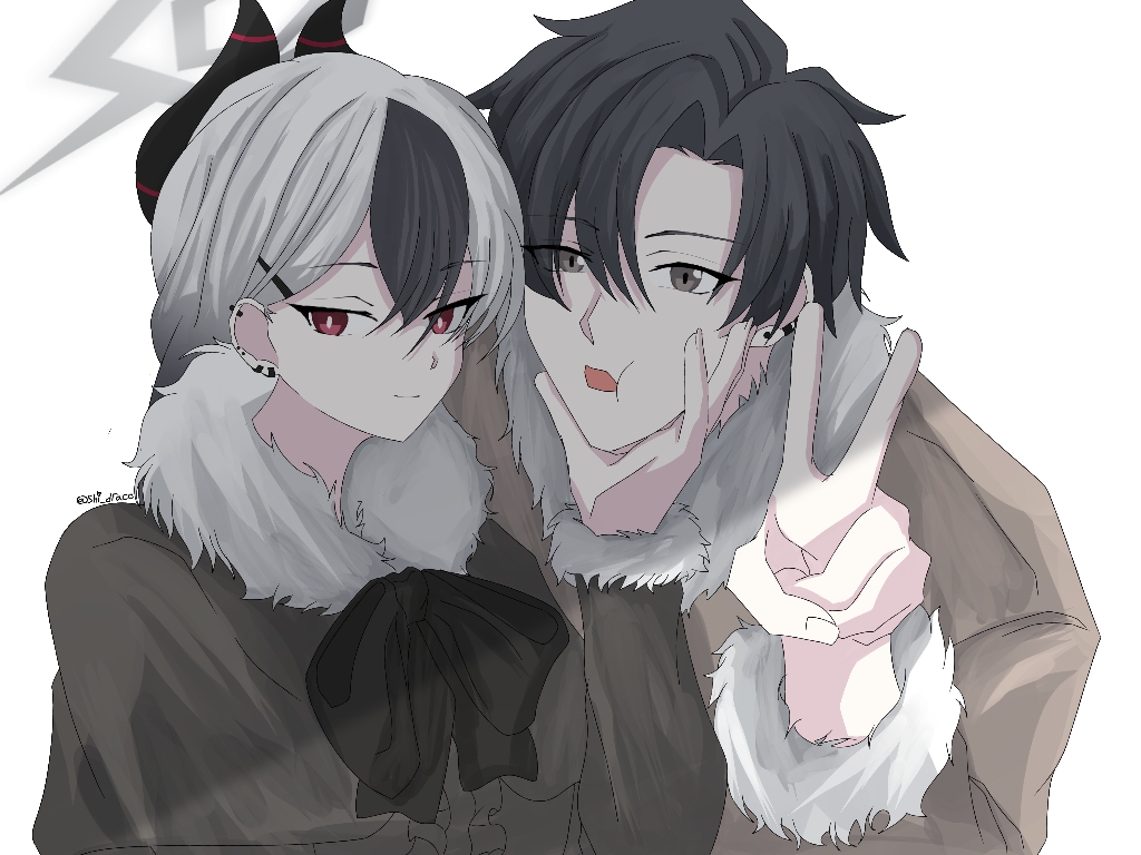 1boy 1girl alternate_costume black_hair black_ribbon blue_archive brown_jacket demon_girl demon_horns ear_piercing fur_trim grey_eyes hair_between_eyes hair_ornament hairclip hand_on_another&#039;s_face horns jacket kayoko_(blue_archive) long_hair looking_at_viewer multicolored_hair open_mouth piercing red_eyes ribbon sensei_(blue_archive) shi_draco short_hair sidelocks smile v