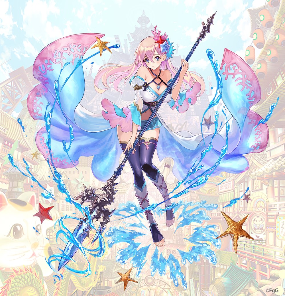 1girl aqua_eyes aqua_skirt bikini breasts cleavage commentary_request crossed_bangs full_body hair_behind_ear hair_between_eyes holding holding_polearm holding_weapon large_breasts long_hair looking_at_viewer micro_bikini midriff no_shoes official_art omori_yoshiwo open_mouth phantom_of_the_kill pink_hair pleated_skirt polearm purple_thighhighs sango_(shinobi_nightmare) second-party_source shinobi_nightmare skirt solo spear starfish swimsuit thighhighs trident weapon