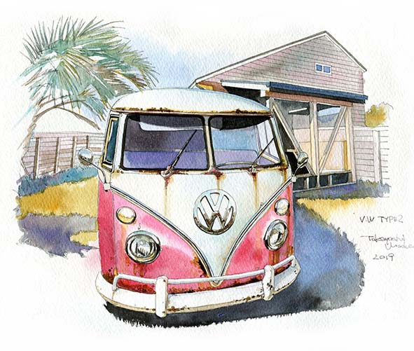 2019 artist_name car house motor_vehicle no_humans original painting_(medium) palm_tree solo traditional_media tree vehicle_focus vehicle_name volkswagen volkswagen_type_2 wada_takayoshi watercolor_(medium)