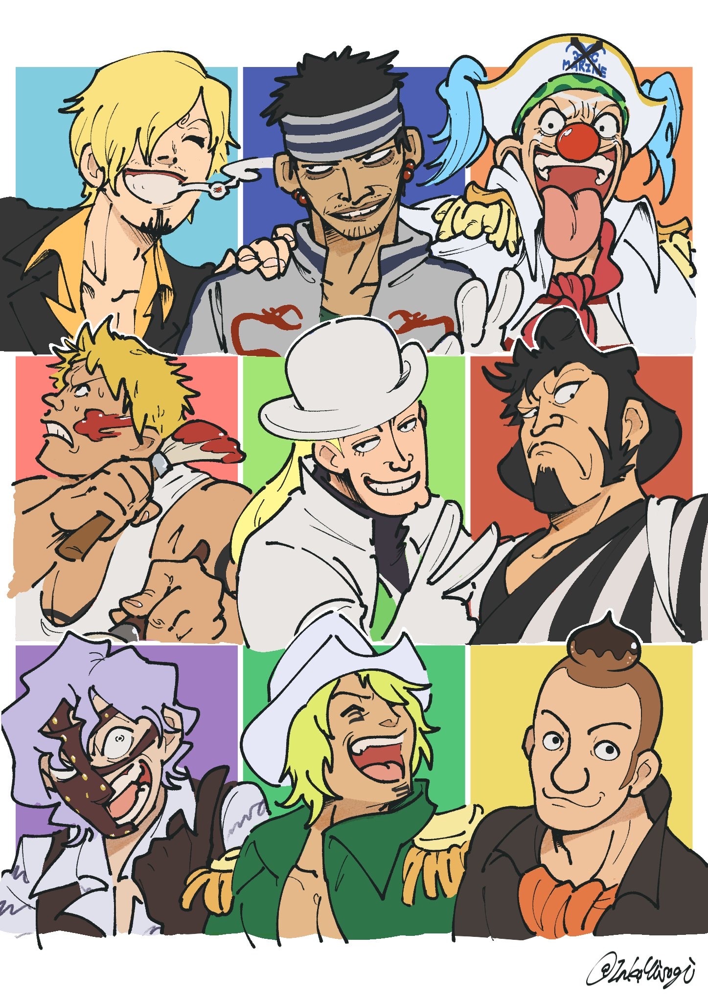 6+boys bellamy_(one_piece) black_hair blonde_hair buggy_the_clown calico_yorki dark-skinned_male dark_skin english-beginner facial_hair gin_(one_piece) goatee grin half_mask hat headband helmeppo highres kinemon long_sideburns male_focus mask medium_sideburns montblanc_noland multiple_boys off_shoulder one_piece paint_splatter paint_splatter_on_face pirate pirate_hat sanji_(one_piece) sanpaku short_hair sideburns smile spandam tank_top thick_eyebrows tongue tongue_out topknot tsurime v white_tank_top