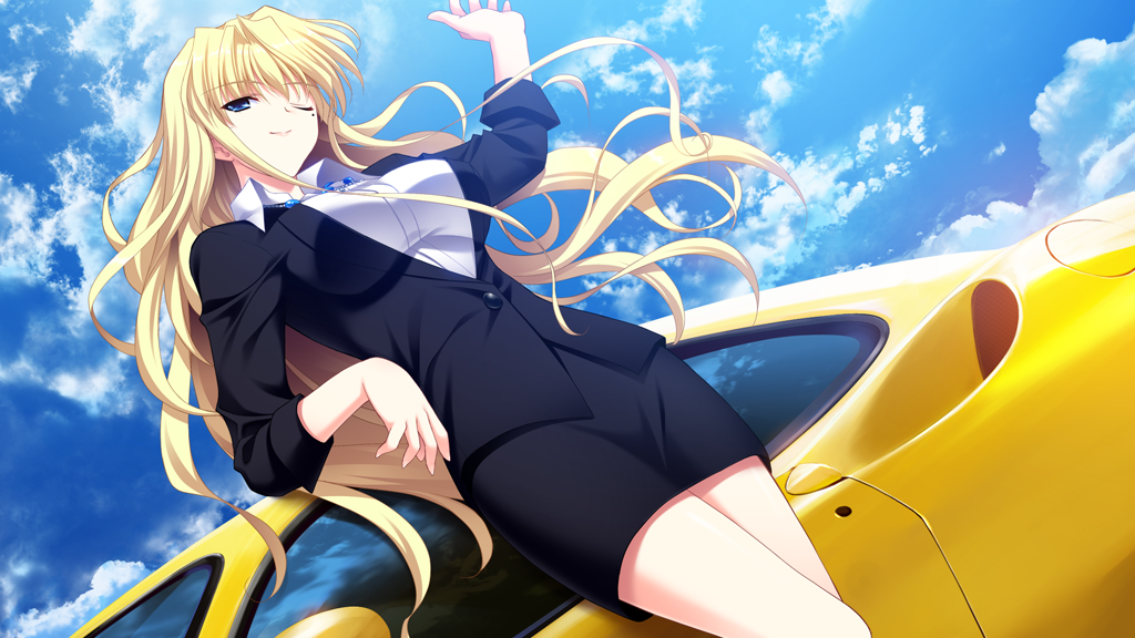1girl black_jacket blonde_hair blue_eyes blue_sky breasts car closed_mouth cloud collared_shirt dutch_angle from_below fumio_(ura_fmo) game_cg grisaia_(series) grisaia_no_kajitsu hand_up harudera_yuria jacket large_breasts leaning_against_vehicle long_hair mole mole_under_eye motor_vehicle non-web_source one_eye_closed outdoors shirt sky smile solo sports_car three-quarter_sleeves very_long_hair waving white_shirt yellow_car