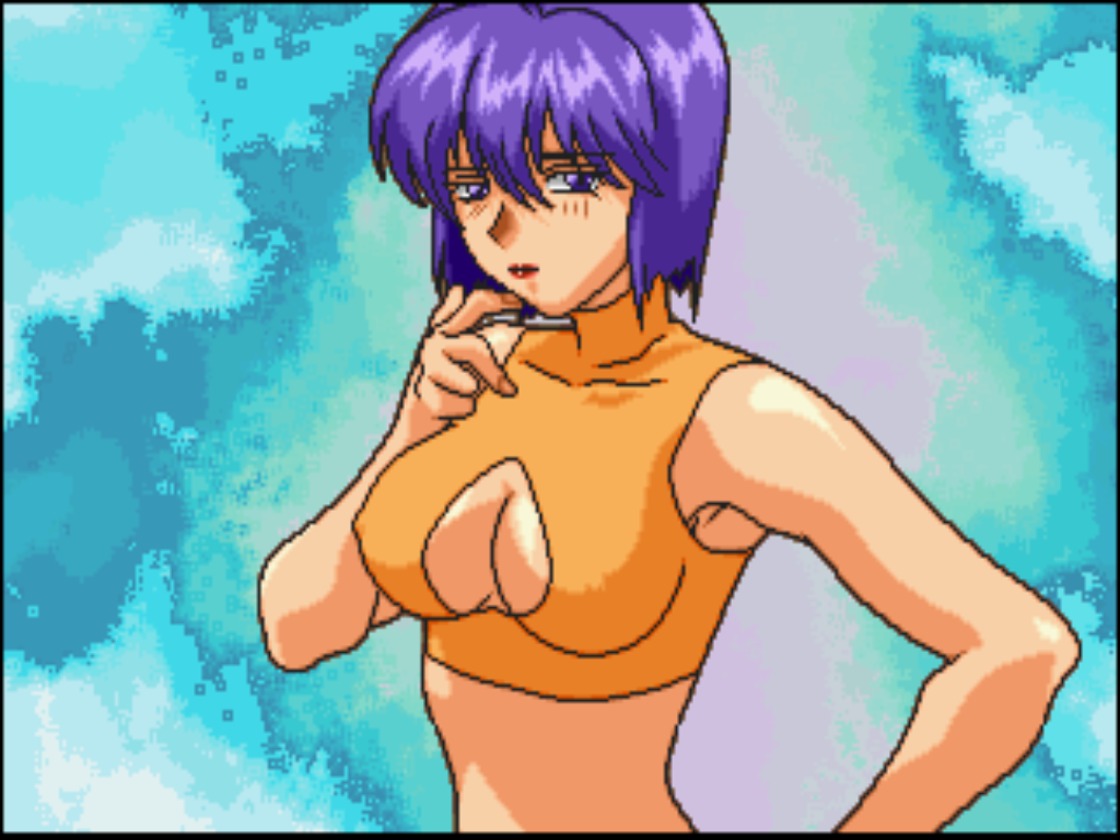 1girl blue_background clothing_cutout lipstick mahjong_hyper_reaction_r makeup midriff purple_eyes purple_hair reimi_(mahjong_hyper_reaction_r) sammy