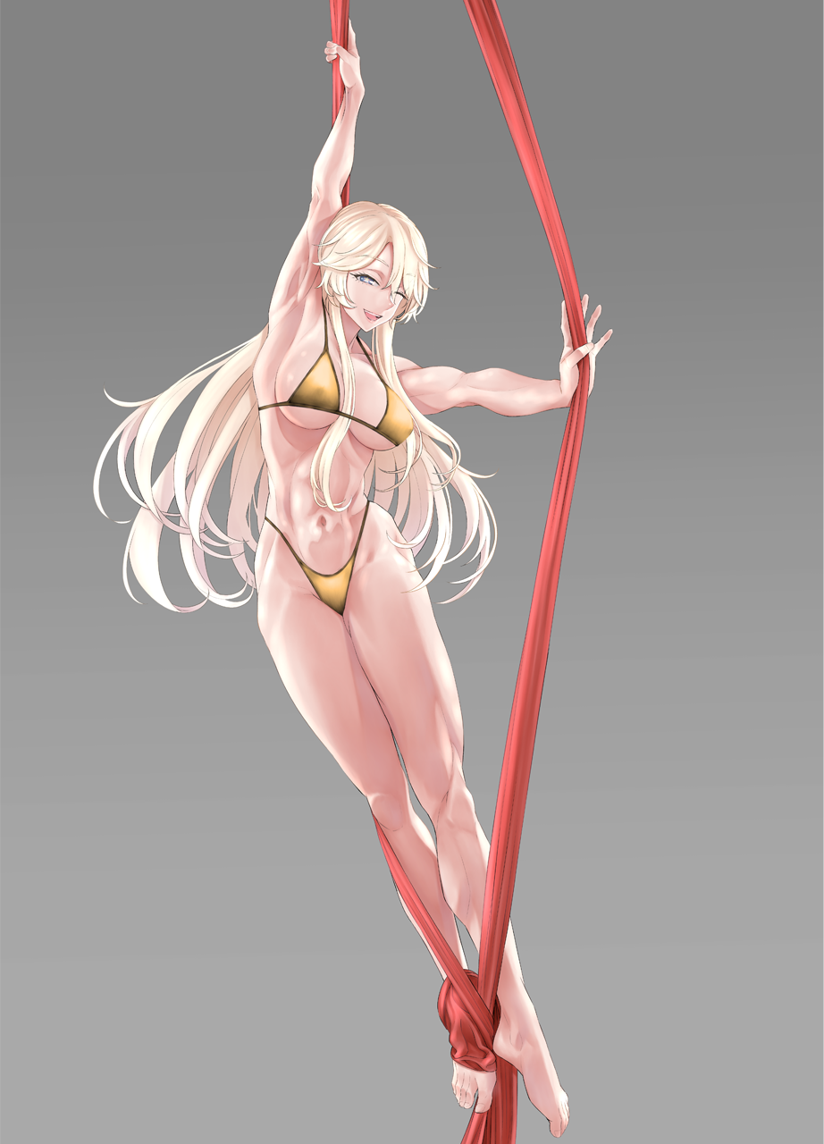 1girl alternate_costume arm_up armpits bikini blonde_hair blue_eyes breasts commission highleg highleg_bikini highres holding holding_ribbon iowa_(kancolle) kantai_collection large_breasts long_hair navel one_eye_closed red_ribbon ribbon skeb_commission solo star-shaped_pupils star_(symbol) swimsuit symbol-shaped_pupils very_long_hair yellow_bikini yuichi_(sp_sakura_yoshi)