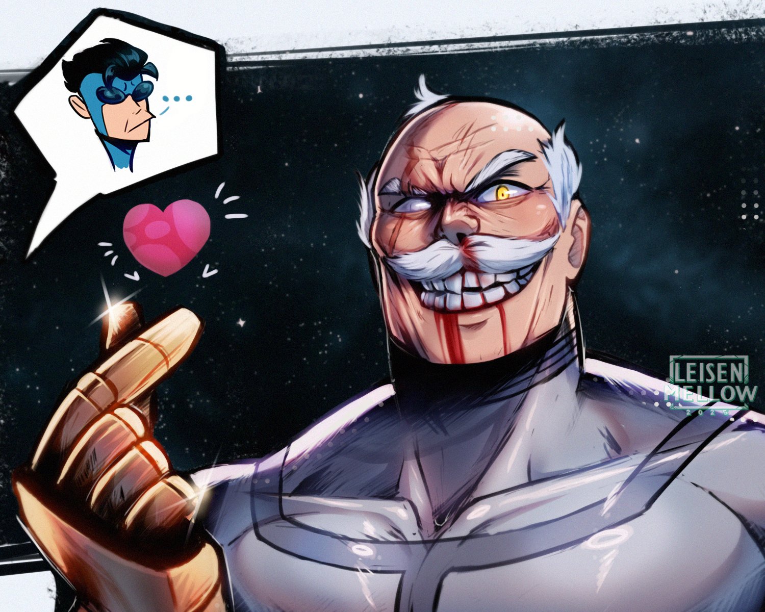 2025 2boys :/ artist_name bald black_hair commentary conquest_(invincible) crazy_eyes evil_grin evil_smile grey_hair grin heart heterochromia highres invincible_(character) invincible_(series) leisen_mellow male_focus mark_grayson multiple_boys muscular muscular_male old old_man prosthesis prosthetic_arm smile superhero_costume watermark white_eyes yellow_eyes