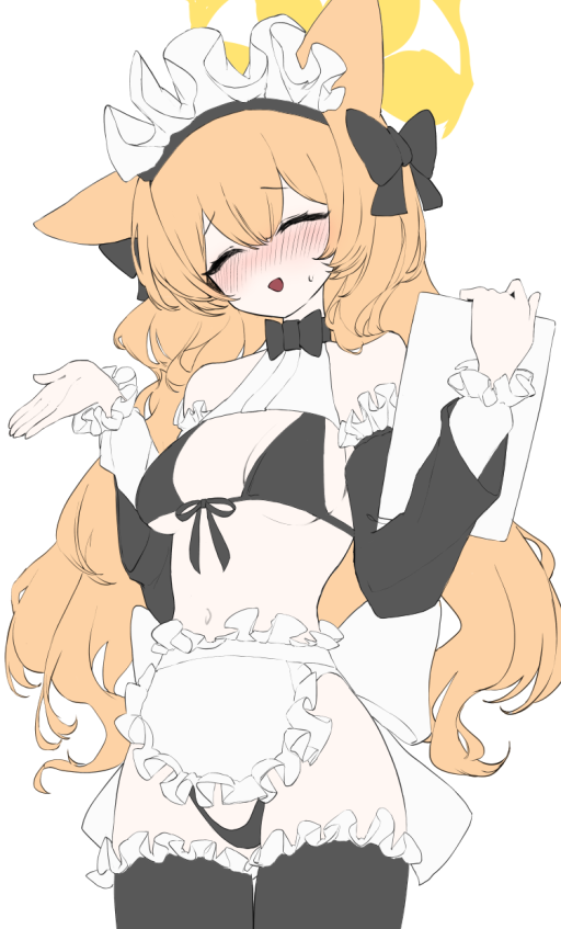 1girl animal_ears apron bikini black_bikini black_thighhighs blue_archive breasts commentary_request cowboy_shot detached_sleeves fox_ears fox_girl frilled_apron frilled_thighhighs frills front-tie_bikini_top front-tie_top kabedoru long_hair long_sleeves maid maid_bikini maid_headdress mari_(blue_archive) medium_breasts orange_hair solo standing swimsuit thighhighs unconventional_maid unfinished waist_apron white_apron