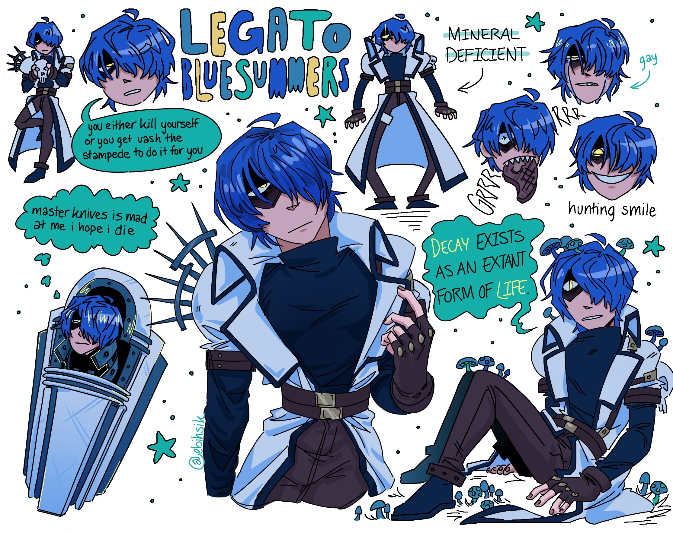 +_+ 1boy :| ahoge anime_coloring arrow_(symbol) artist_name belt belt_around_waist black_shirt blue_hair blue_theme brown_gloves closed_mouth coat coffin colored_text_highlight constricted_pupils crazy_eyes cropped_head cropped_legs crying eating ebihsik english_text evil_grin evil_smile expressionless fingerless_gloves frown full_body gloves green_theme grin growling hair_over_one_eye head_tilt highres jacket legato_bluesummers long_sleeves multiple_belts multiple_views mushroom mushroom_on_head no_mouth open_clothes open_jacket puffy_short_sleeves puffy_sleeves sanpaku sharp_teeth shirt short_sleeves shoulder_spikes skull_ornament smile speech_bubble spikes standing star_(symbol) teeth thought_bubble triangle_nose trigun turtleneck turtleneck_shirt white_coat wide-eyed yellow_eyes