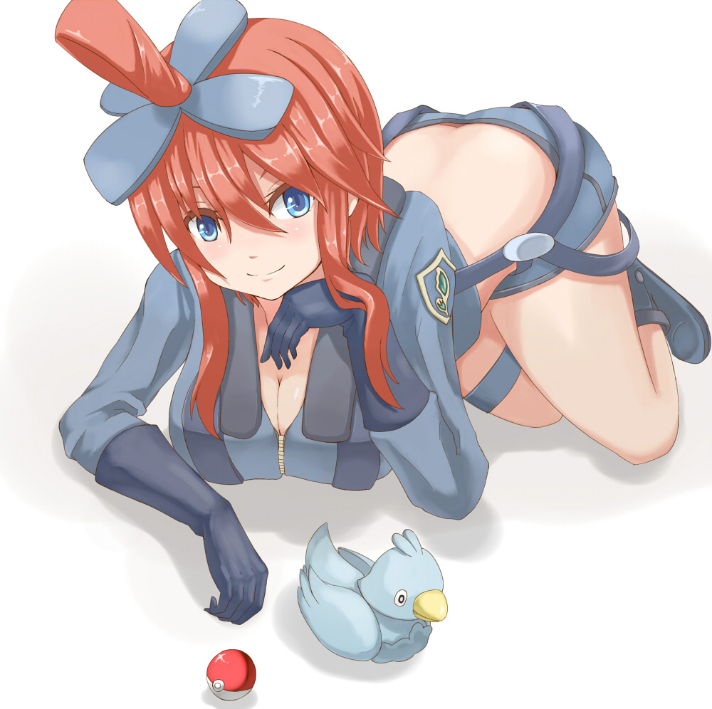 10s 1girl bare_legs blue_eyes breasts cleavage ducklett fiction_(artist) fiction_(forged) gen_5_pokemon gloves gym_leader hair_ornament head_rest jet_badge large_breasts long_hair looking_at_viewer midriff nintendo poke_ball pokemon pokemon_(creature) pokemon_bw red_hair shorts skyla_(pokemon) smile solo_focus suspenders white_background