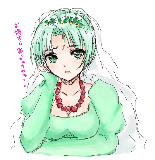 1girl aqua_eyes aqua_hair blush braid breasts cleavage dress grune_(tales) jewelry necklace short_hair tales_of_(series) tales_of_legendia veil