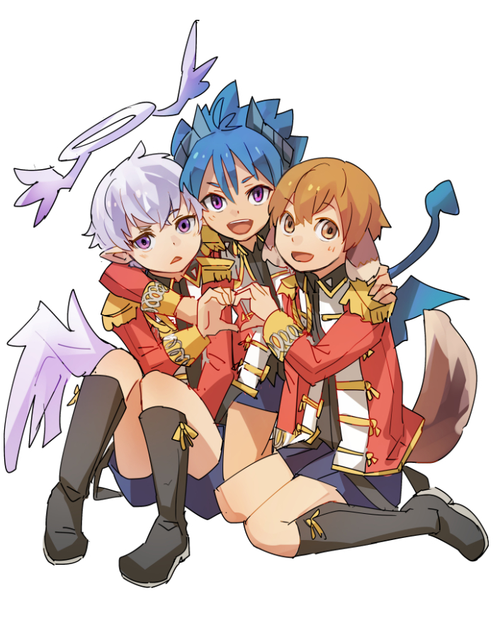3boys angel angel_wings animal_ears blue_hair blush boots brown_hair demon_boy demon_tail demon_wings dog_boy dog_ears dog_tail full_body geetgeet hair_between_eyes halo heart heart_hands heart_hands_duo heart_hands_trio horns looking_at_viewer low_wings luke_venus male_focus mini_wings multiple_boys open_mouth pointy_ears pop-up_story purple_eyes shorts silver_hair simple_background smile tail white_background wings yuuri_lessen ziz_glover