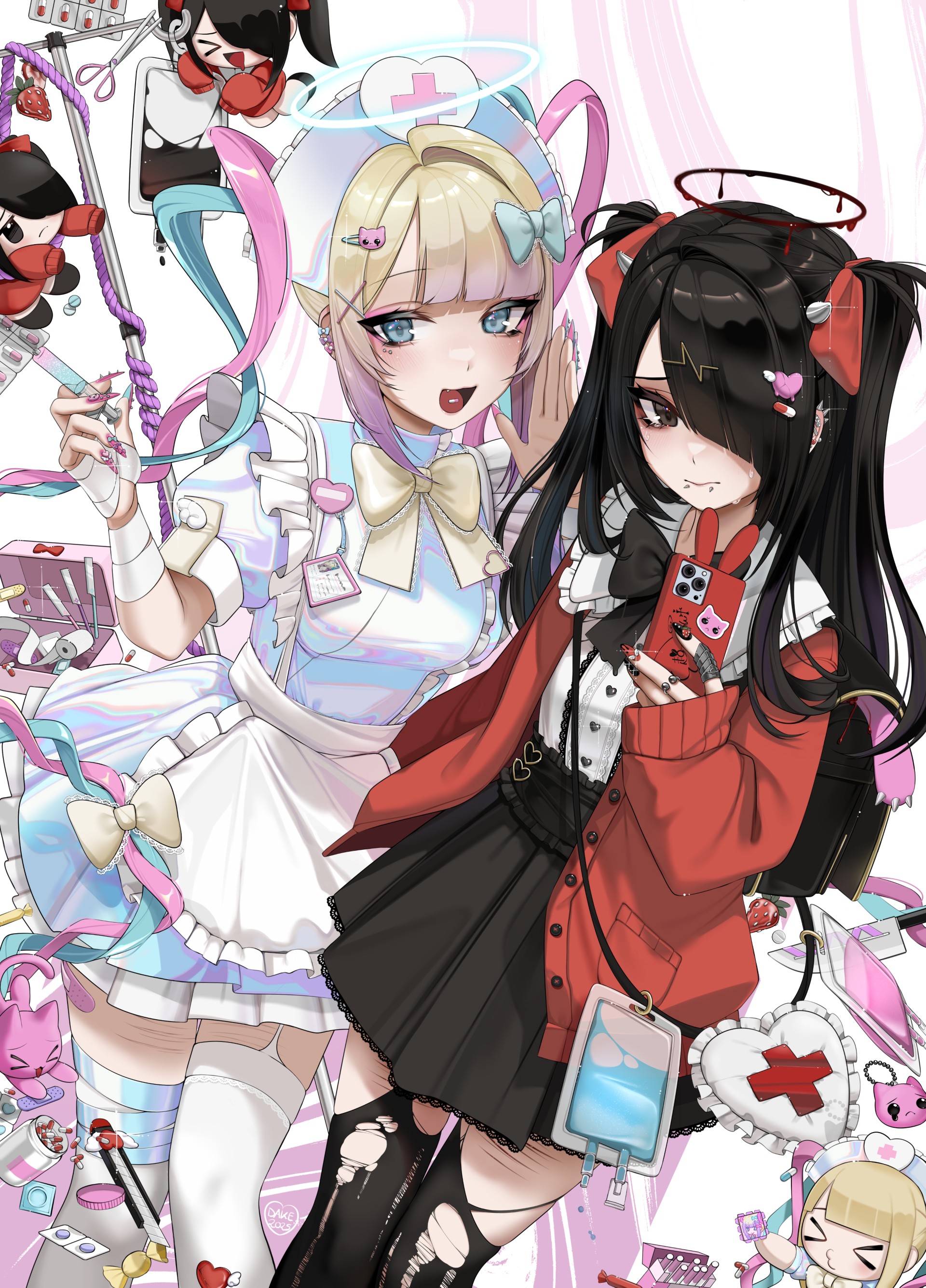2025 2girls absurdres ame-chan_(needy_girl_overdose) apron artist_name backpack bag bandage_on_thigh bandaged_wrist bandages bandaid bandaid_on_thigh barbell_piercing black_bag black_bow black_eyes black_hair black_nails black_skirt black_thighhighs blonde_hair blood blood_halo blue_bow blue_eyes blue_hair blue_halo blunt_bangs bow cardigan cellphone center_frills chouzetsusaikawa_tenshi-chan closed_mouth dakemichan dated dress ear_piercing earrings eyelashes fake_horns fang frilled_dress frills garter_straps glowing glowing_halo gradient_hair hair_bow hair_ornament hair_over_one_eye hair_ribbon halo hat heart heart_hair_ornament highres holding holding_phone holding_syringe holographic_clothing horns id_card industrial_piercing iv_stand jewelry knife lace-trimmed_bow lace_trim liquid_halo long_hair long_sleeves looking_at_viewer mouth_piercing multicolored_hair multiple_earrings multiple_girls nail_polish needy_girl_overdose nurse_cap open_cardigan open_clothes open_mouth phone pien_cat_(needy_girl_overdose) piercing pill_hair_ornament pill_on_tongue pink_hair pink_nails puffy_short_sleeves puffy_sleeves purple_hair randoseru red_cardigan red_nails red_ribbon ribbon scar self-harm_scar shirt shirt_tucked_in short_sleeves sidelocks single_garter_strap single_hair_intake skirt smartphone spiked_ear_piercing syringe thighhighs torn_clothes torn_thighhighs twintails two_side_up very_long_hair white_apron white_dress white_shirt white_thighhighs x_hair_ornament