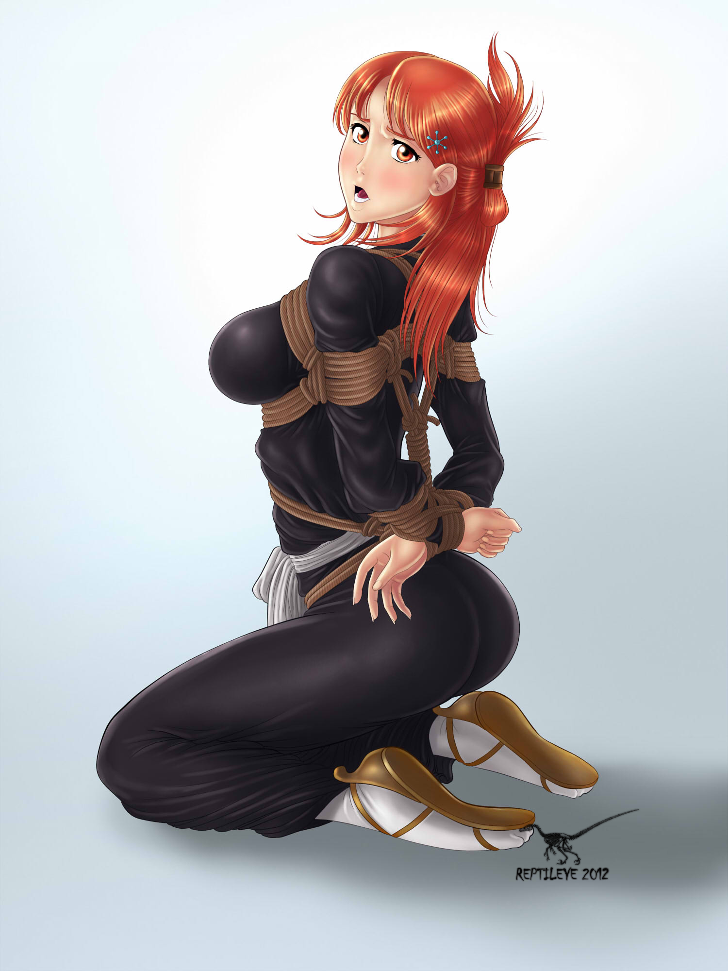reptileye bondage reptileye, inoue orihime, bleach, highres, 1girl, arms behind back, ass,  bdsm, blush, bondage, bound, bound wrists, breast bondage, japanese  clothes, kneeling, orange eyes, orange hair, shibari - Image View - |  Gelbooru -