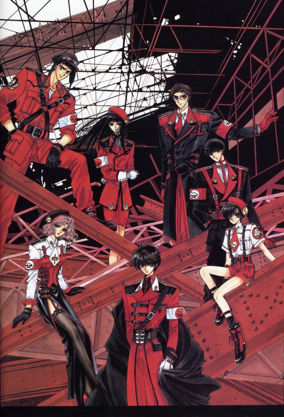 2girls 5boys aoki_seiichiro aoki_seiichirou arisugawa_sorata black_legwear blunt_bangs clamp everyone garter_straps highres kasumi_karen kishuu_arashi lace lace-trimmed_legwear lace_trim military military_uniform multiple_boys multiple_girls nekoi_yuzuriha red_theme shirou_kamui sitting sumeragi_subaru thighhighs tokyo_tower wavy_hair x_(manga)