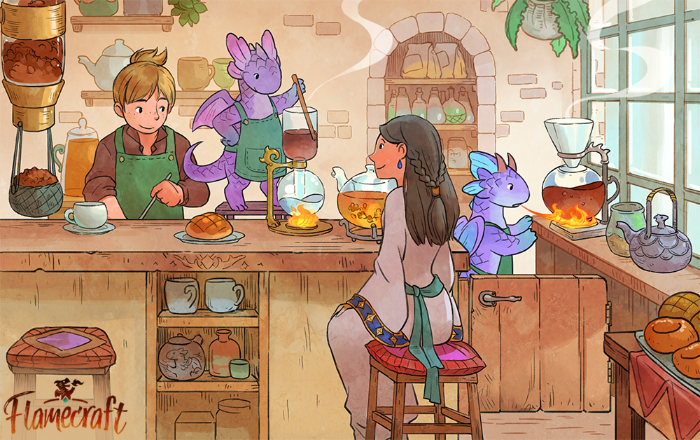 1boy 1girl apron aqua_sash barista braid bread_bun breath_weapon breathing_fire brown_hair brown_shirt cafe chair coffee coffee_beans commentary copyright_name cup day donut dragon dragon_horns dress earrings english_commentary fins fire food green_apron half_up_braid hanging_plant head_fins holding holding_stick horns indoors jewelry long_hair looking_at_another mini_wings mug on_chair on_stool original percolator plant potted_plant profile purple_dress purple_scales sandara shelf shirt short_hair small_dragon smile standing standing_on_chair steam stick stone_wall stool sunlight tea teacup teapot window wings wooden_door