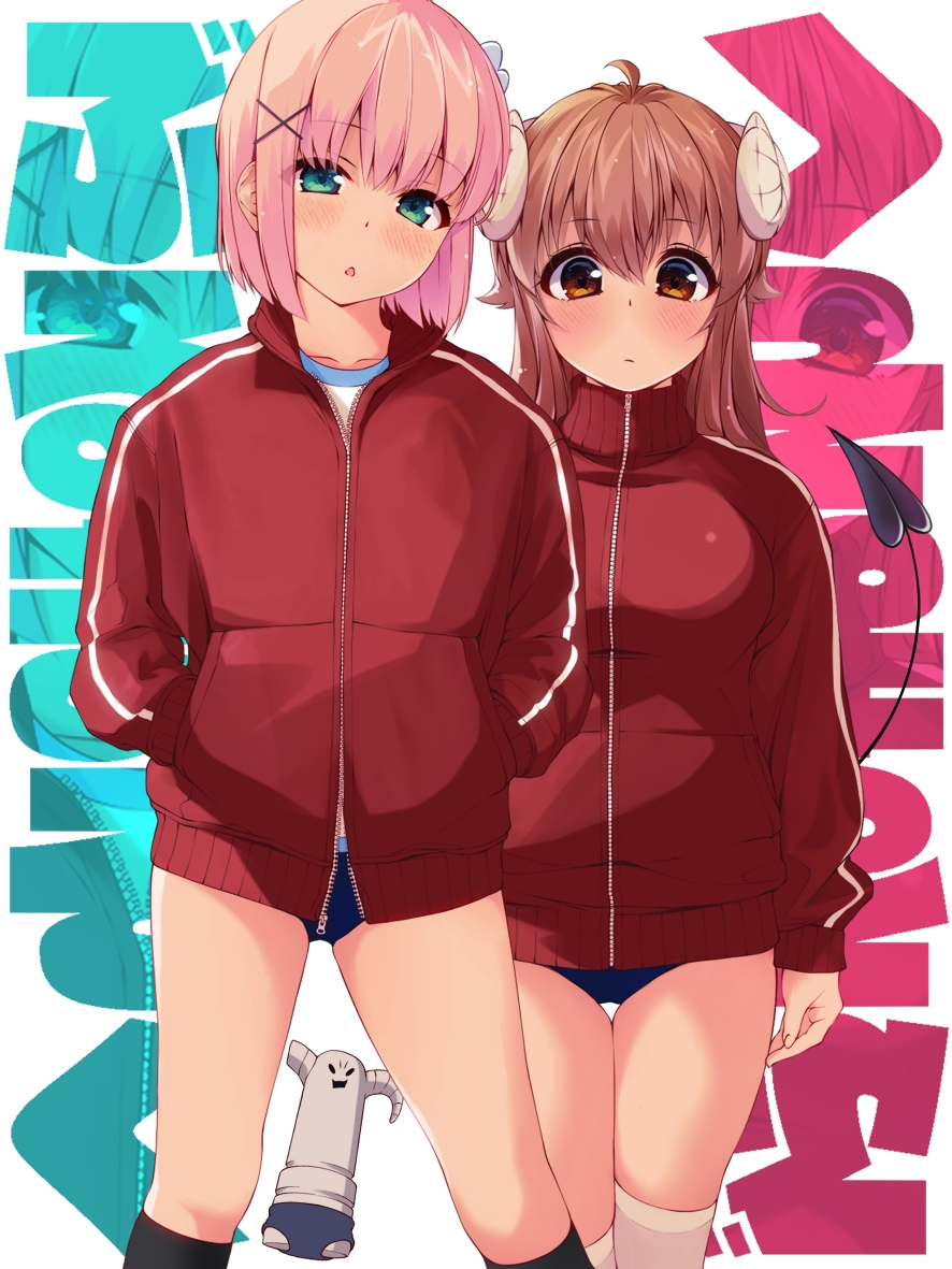2girls aqua_eyes black_socks bloomers brown_eyes chiyoda_momo chuutaro_metal curled_horns demon_horns demon_tail feet_out_of_frame gym_uniform hair_between_eyes hair_ornament hands_in_pockets horns jacket kneehighs long_hair looking_at_viewer machikado_mazoku multiple_girls over-kneehighs pink_hair red_hair red_jacket short_hair socks standing tail text_background thigh_gap thighhighs thighs track_jacket underwear white_socks x_hair_ornament yoshida_yuuko_(machikado_mazoku)