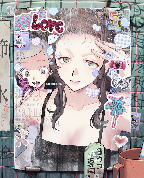 2girls alternate_hairstyle brown_hair character_request colored_eyelashes commentary commentary_request cup girls_und_panzer green_eyes heart_sticker holding holding_phone katsuoboshi long_hair mirror multiple_girls phone shaved_eyebrow yuri_(girls_und_panzer)