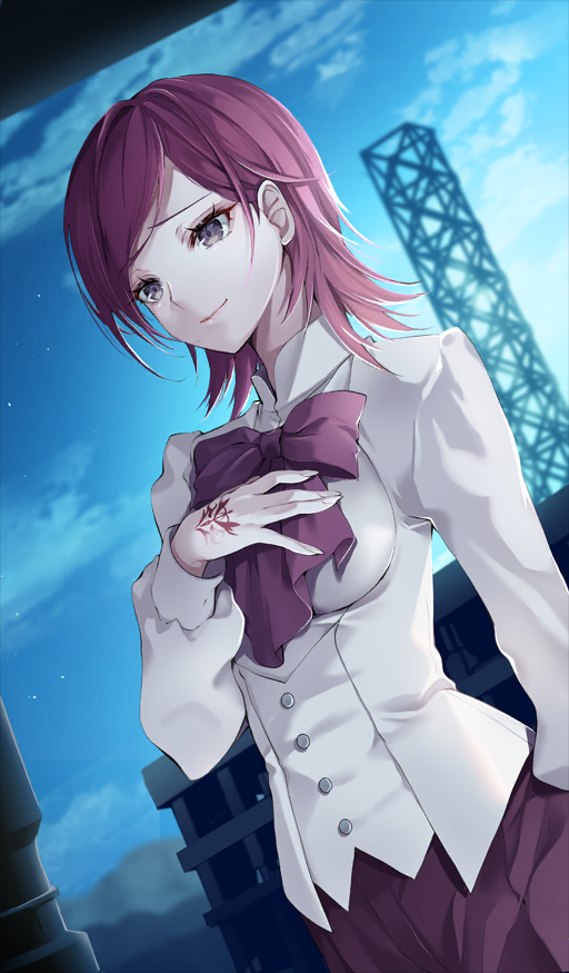 1girl \||/ akatsuki_hijiri arm_at_side blue_sky bow bowtie breasts building buttons closed_mouth cloud command_spell commentary_request cowboy_shot dutch_angle fate/grand_order fate/zero fate_(series) fingernails grey_eyes hand_on_own_chest hand_tattoo high_collar light_particles light_smile long_fingernails long_sleeves medium_hair official_art pants parted_bangs pink_bow pink_bowtie red_hair red_pants shirt sky sola-ui_nuada-re_sophia-ri solo tattoo third-party_source white_shirt