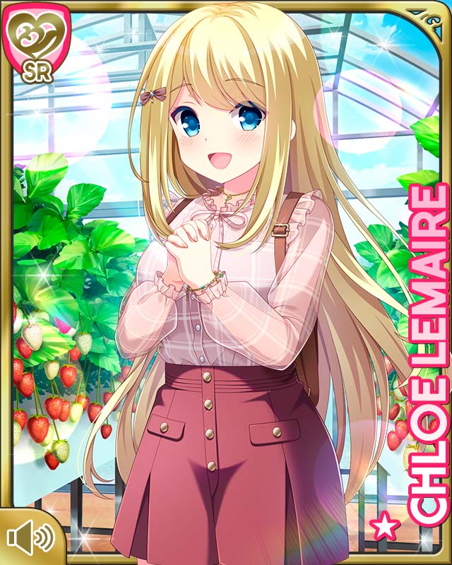 1girl :d blonde_hair blue_eyes card character_name chloe_lemaire day food fruit girlfriend_(kari) greenhouse indoors long_hair official_art open_mouth pink_shirt qp:flapper red_skirt see-through_clothes see-through_sleeves shirt skirt smile solo standing strawberry tagme